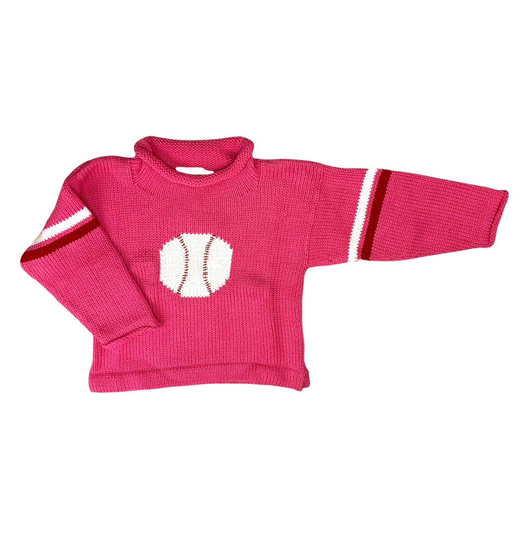 long sleeve pink sweater with white baseball in center, white and red stripe on each sleeve