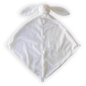 white diamond shaped blanket with white bunny plush at top with long ears