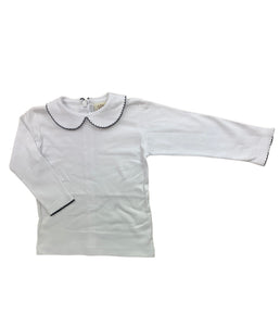 white long sleeve shirt with navy trim on collar and wrists