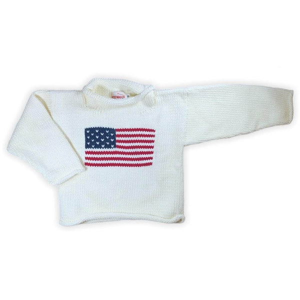 long sleeve ivory sweater with red white and blue american flag knitted on center