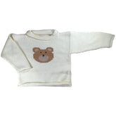 matching sweater, ivory sweater with long sleeves and brown bear face in center