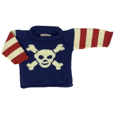 navy roll neck sweater with ivory skull and cross bones knitted on front center. Sleeves are ivory and red striped while the middle of the sweater is navy.