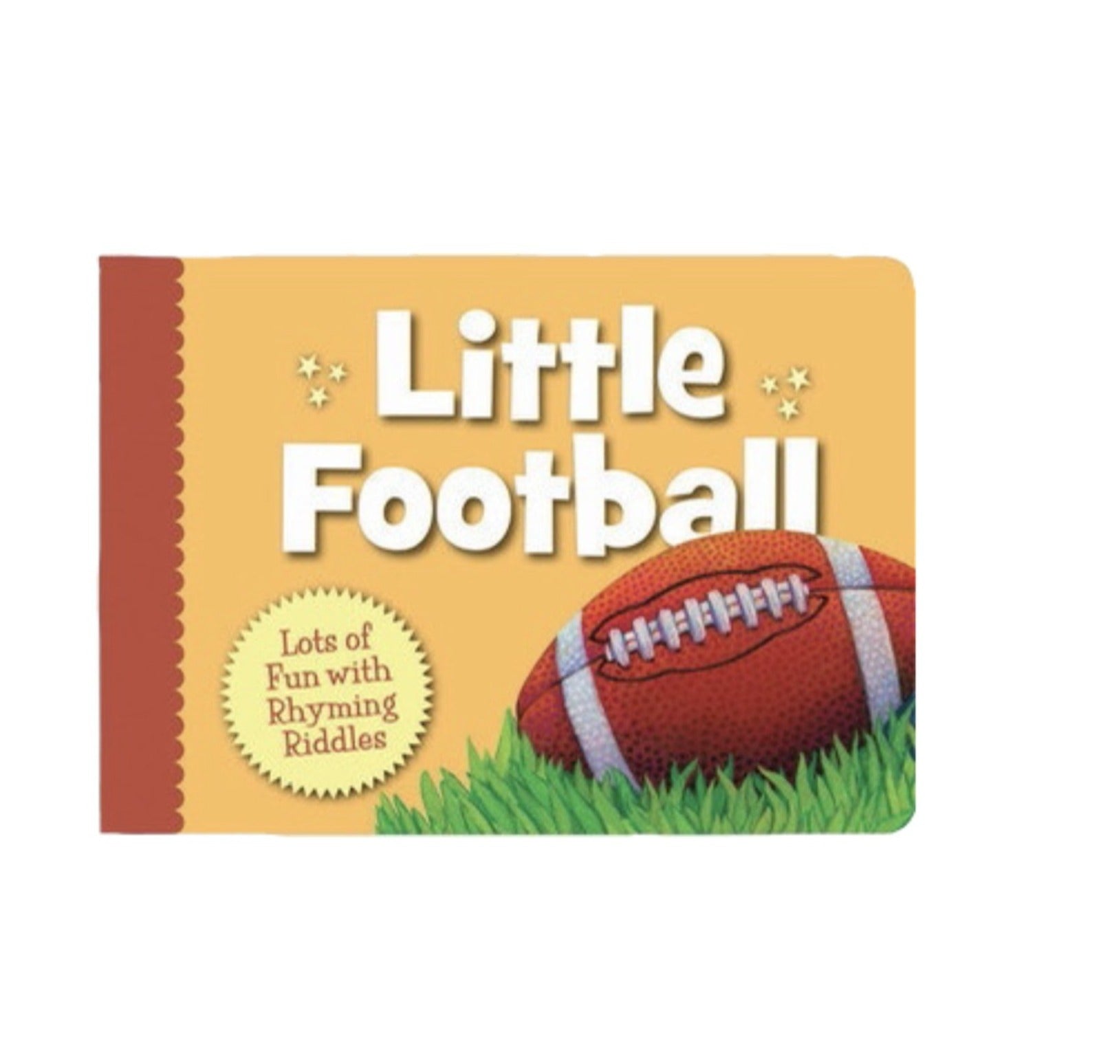 yellow book with "Little Football" written on front with green grasses and football on front