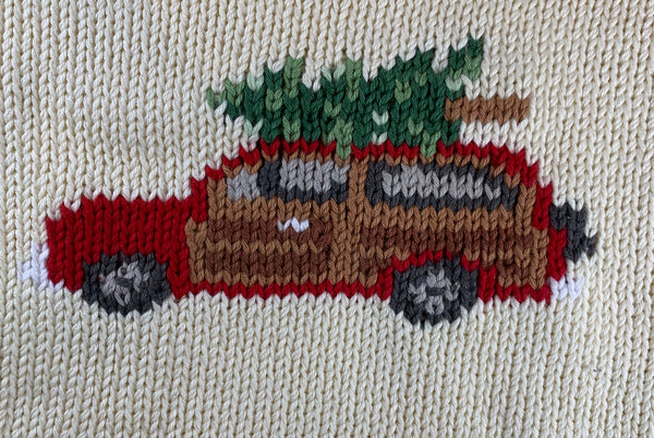 close up of station wagon, outlined in red and brown in center, green christmas tree on top of car