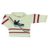 long sleeve ivory sweater with black hockey skate and tan hockey stick and cranberry stripes 2 on each sleeve and 2 on bottom torse
