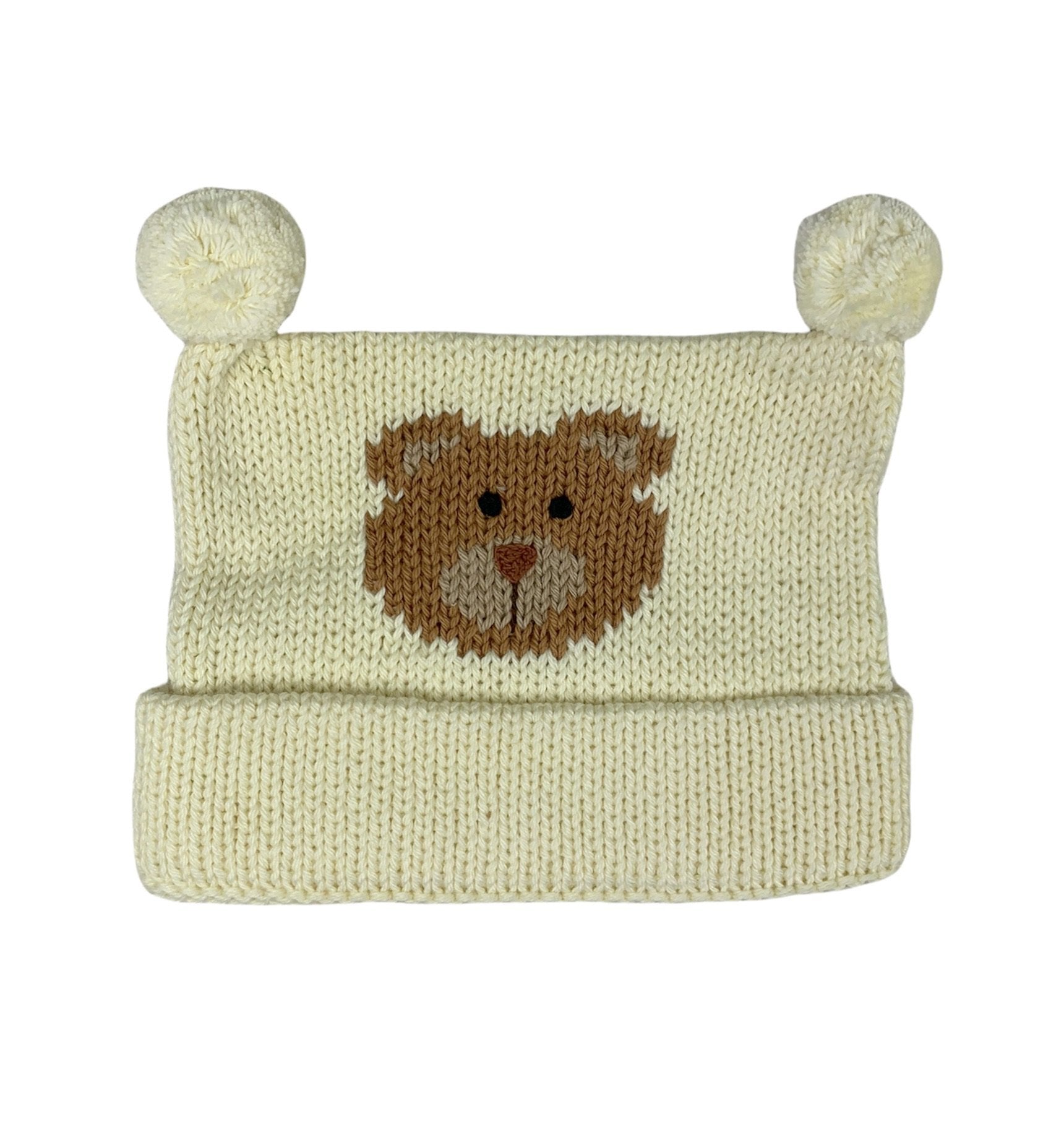 matching hat, ivory with light brown bear face in center and two ivory poms at top, hat is rolled up once at bottom