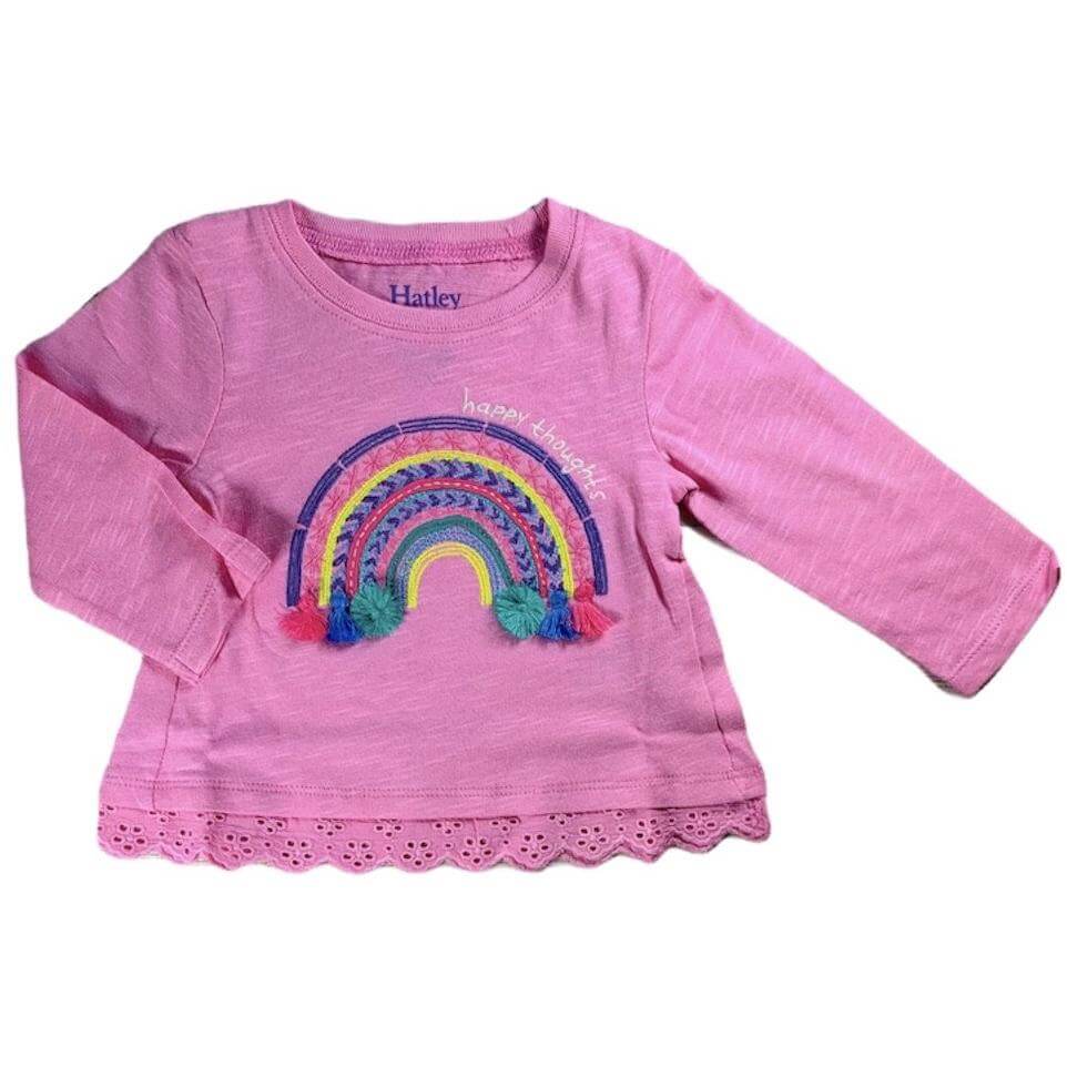 pink long sleeve with colorful rainbow embroidery on front and pink eyelet trim at bottom - Hatley shirt
