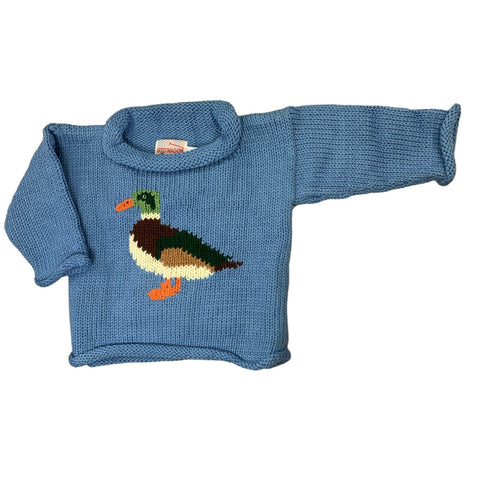 long sleeve chambray sweater with mallard duck in center