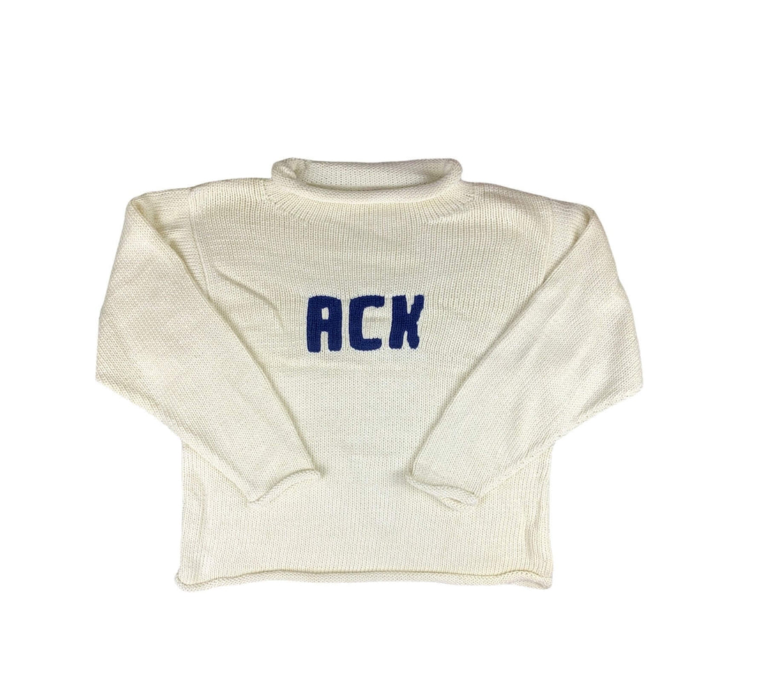 long sleeve ivory sweater with letters ACK written in navy in the center