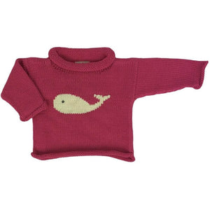 pink roll neck sweater with white whale in center, whale has a dark circle of thread for eye