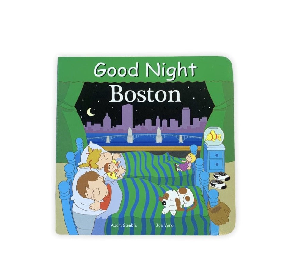 Good Night Boston Book front shows two children sleeping with boston city in the background