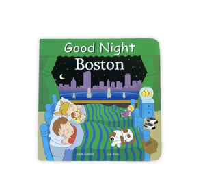 Good Night Boston Book front shows two children sleeping with boston city in the background