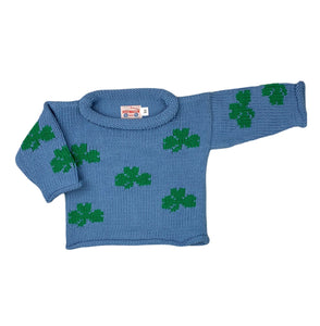 long sleeve blue sweater with green shamrocks all over