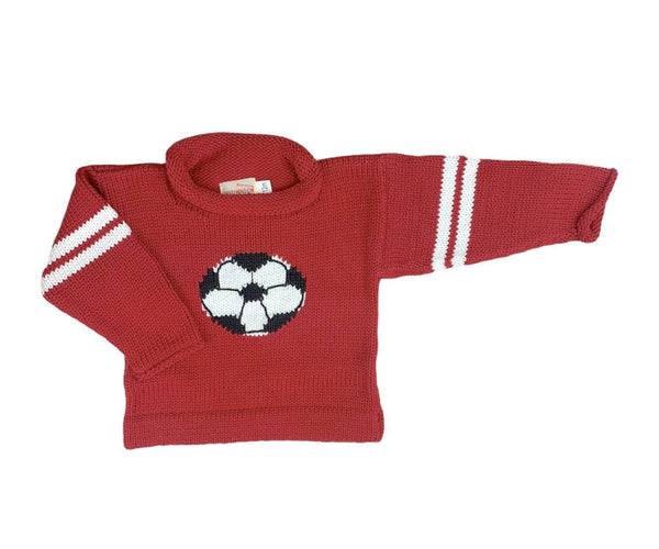 red roll neck sweater with 2 white stripes on each sleeve and black and white soccer ball in center