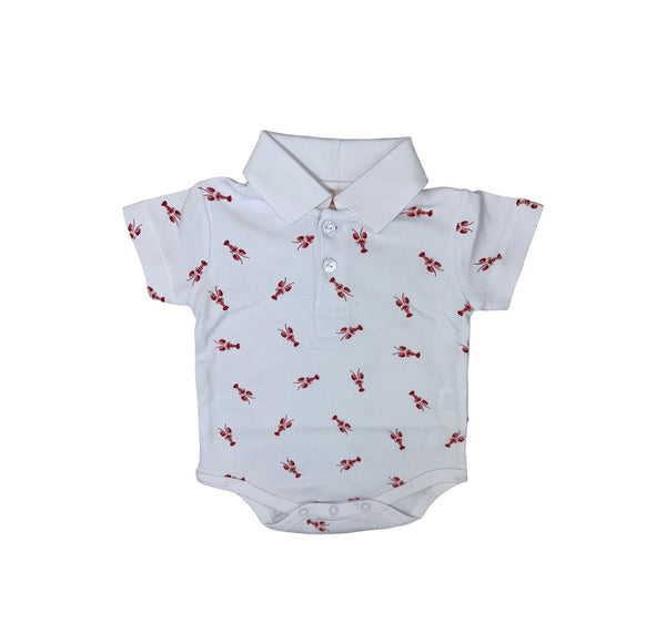 white polo onesie with red lobsters all over