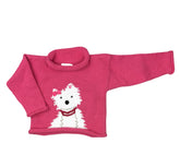 long sleeve pink sweater with white Westie dog wearing red collar and pink bow
