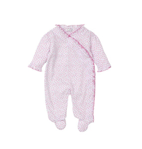 white long sleeve footie with tiny delicate pink flowers all over, ruffle pink trim