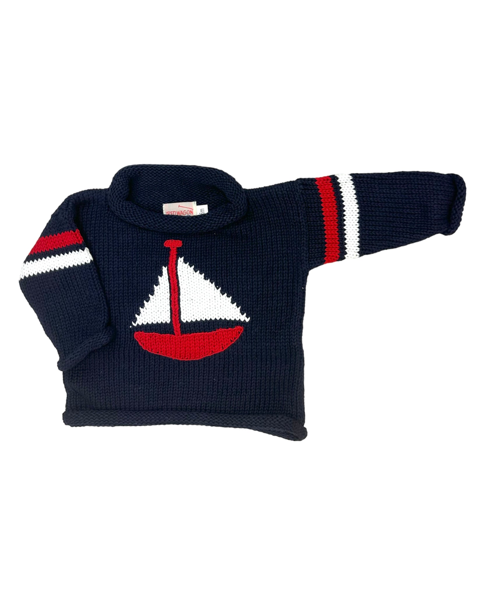 navy long sleeve sweater with red and white sailboat, 2 red and white stripes on each sleeve