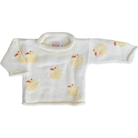 ivory roll neck sweater with yellow ducks with orange beaks knitted all over