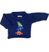 long sleeve blue sweater with 3 dinosaurs in center