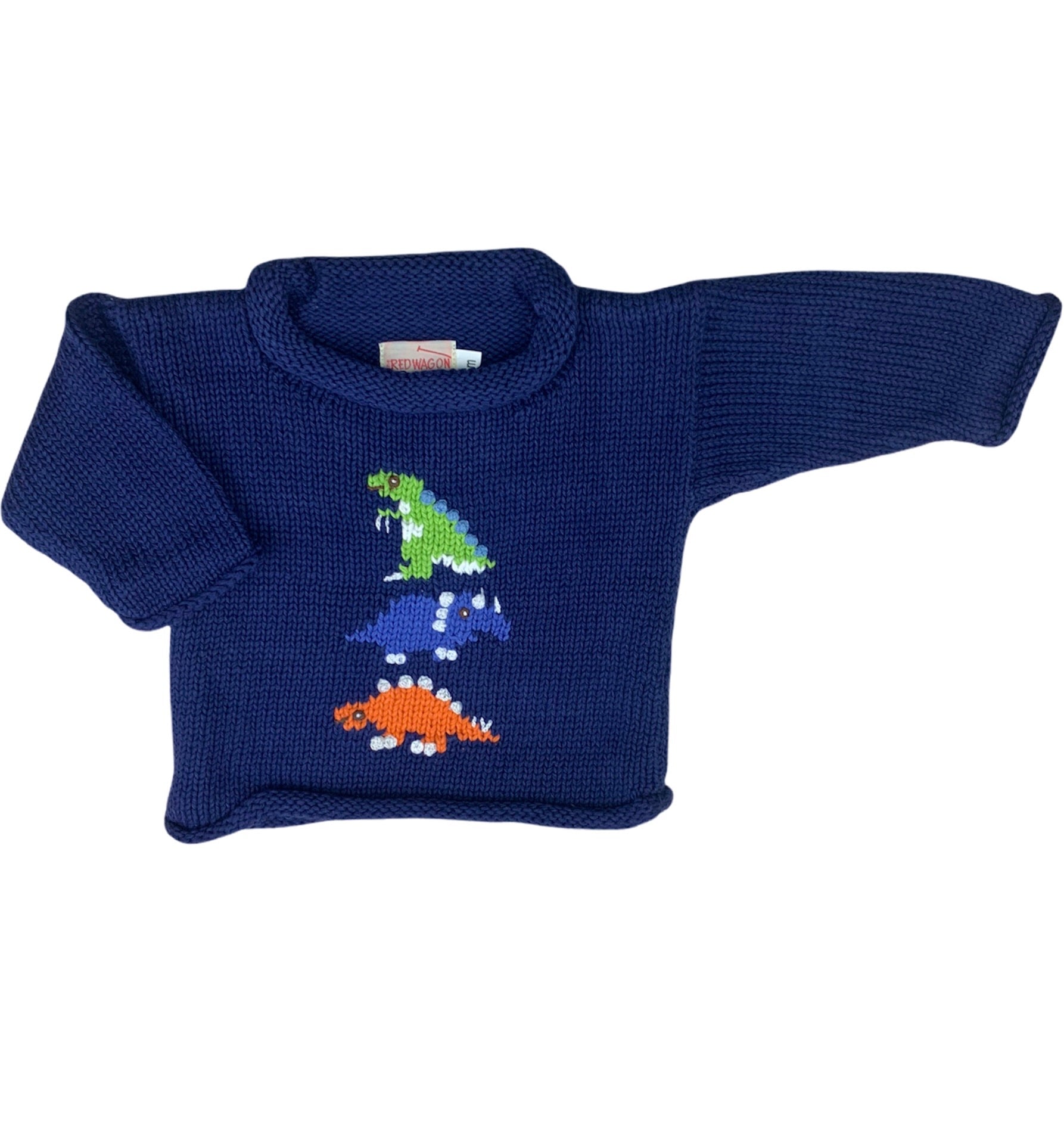 long sleeve blue sweater with 3 dinosaurs in center