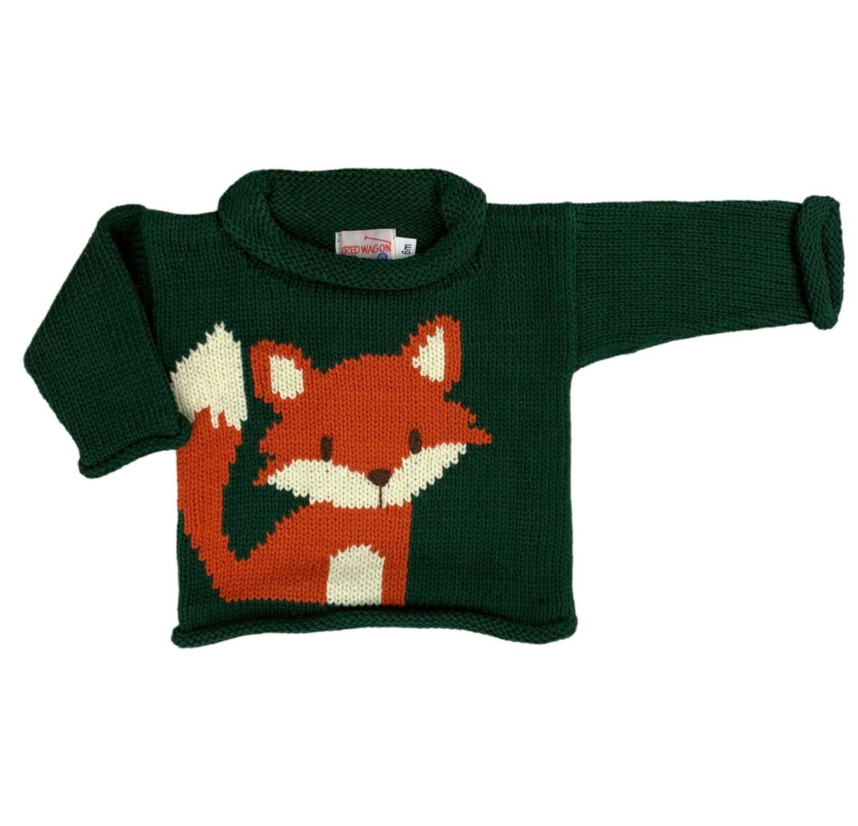 hunter green long sleeve sweater with orange fox