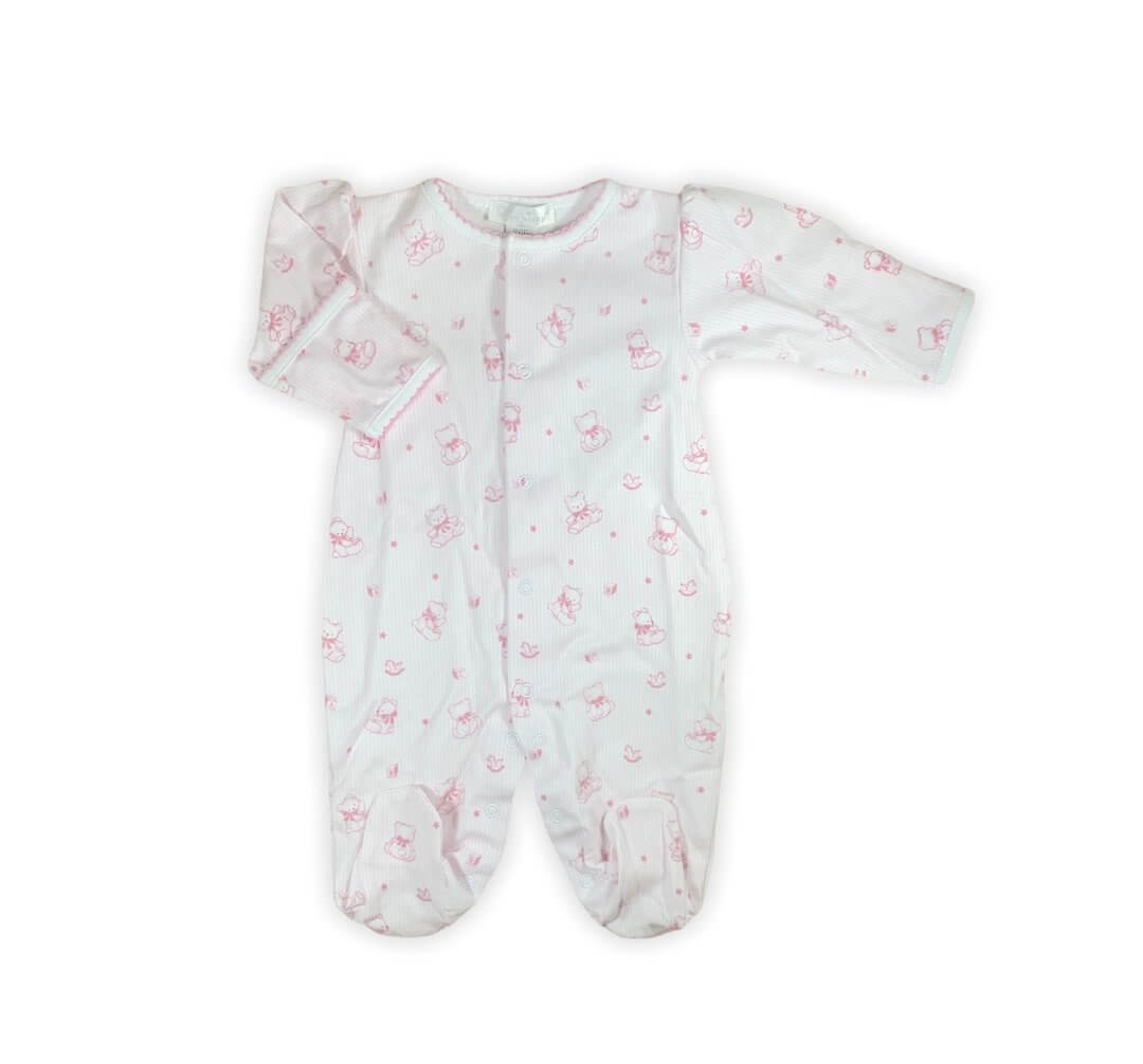 white footie with delicate pink teddy bear print