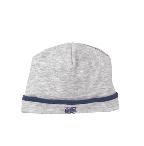 gray hat that folds up once at bottom, navy trim on rim and tiny blue and red embroidered train