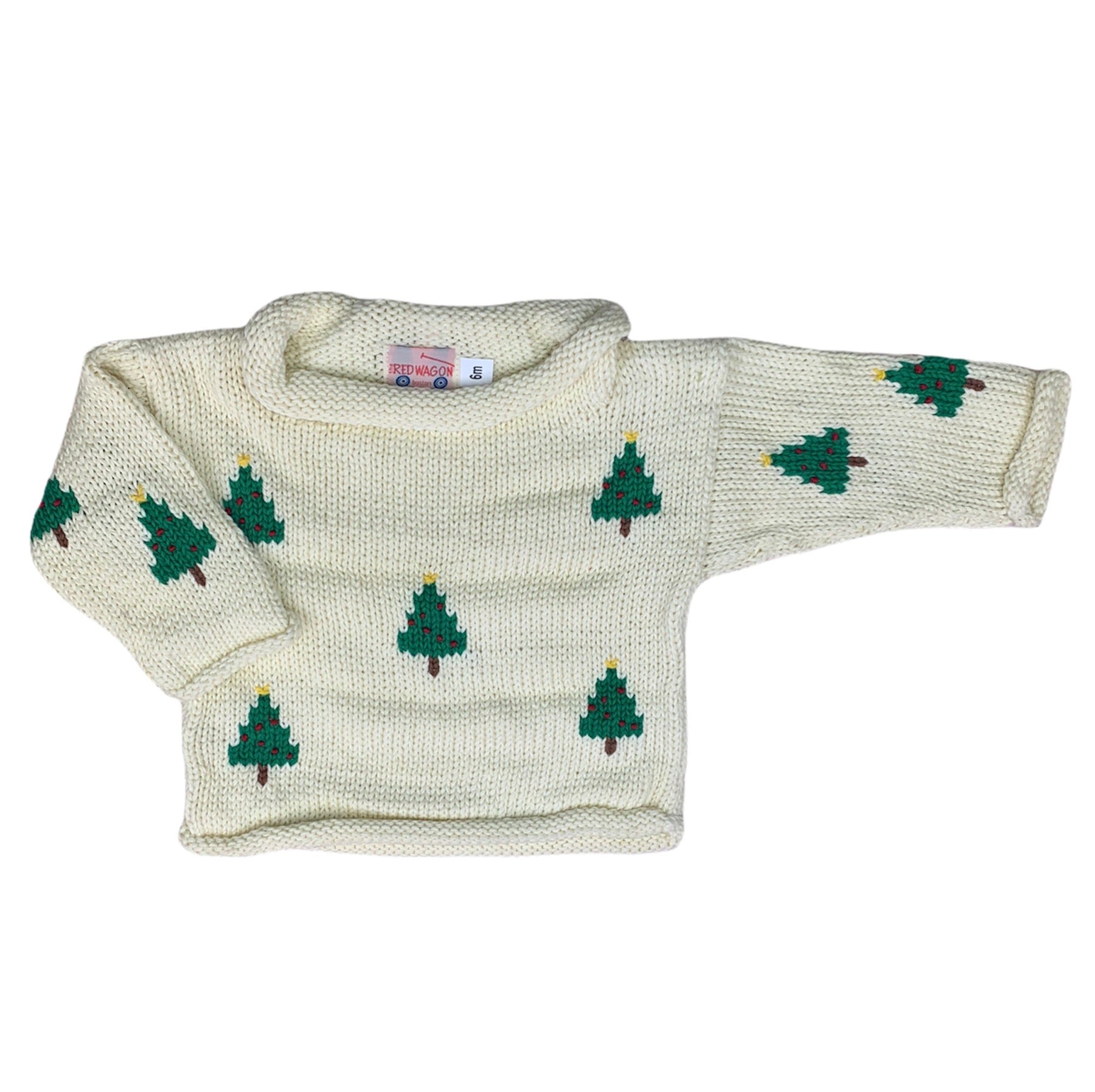 ivory long sleeve sweater with green Christmas trees all over