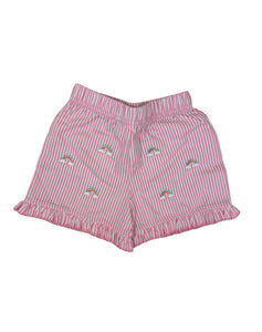 white and pink striped shorts with rainbows