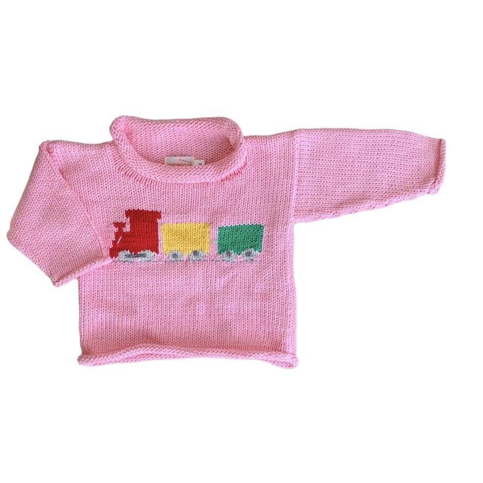 light pink roll neck sweater with 3 piece train, front car is red, middle car is yellow and last car is green