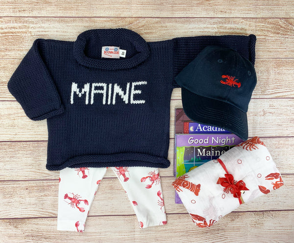 Maine sweater with lobster leggings and lobster swaddle and navy lobster hat