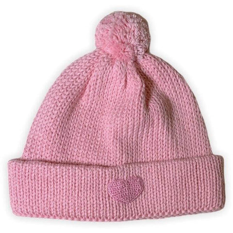 pink knit hat with small heart embroidered on bottom fold, pink pom at top of hat