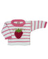 white sweater with pink stripes and pink collar with red stawberry in center