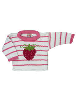 white sweater with pink stripes and pink collar with red stawberry in center