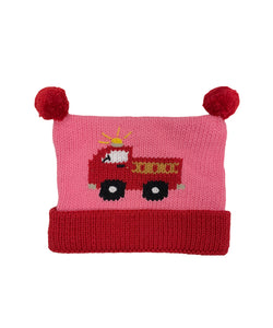 pink hat with red firetruck and red poms, red band at bottom