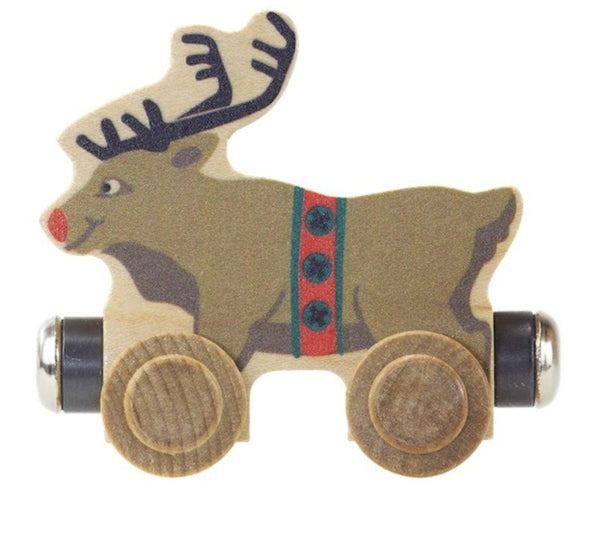 brown reindeer with red jingle bell belt, red nose and brown antlers