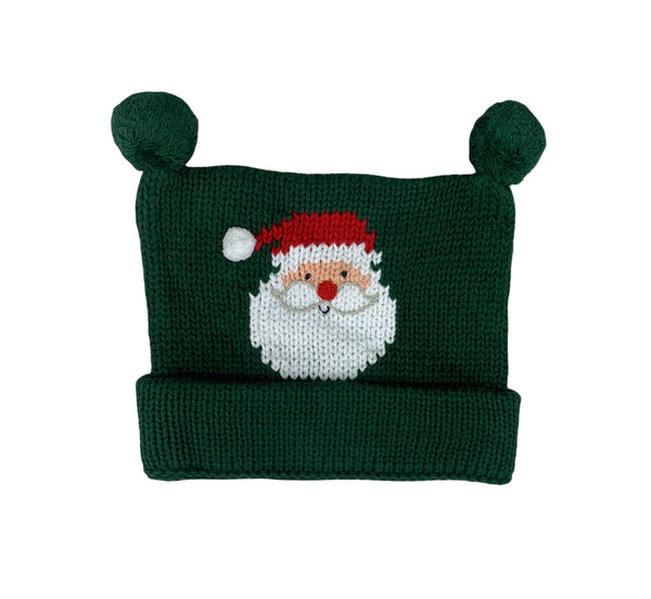 green hat with two green tops at top, white and red Santa face in center with white pom on Santa's hat, hat is rolled up once at bottom