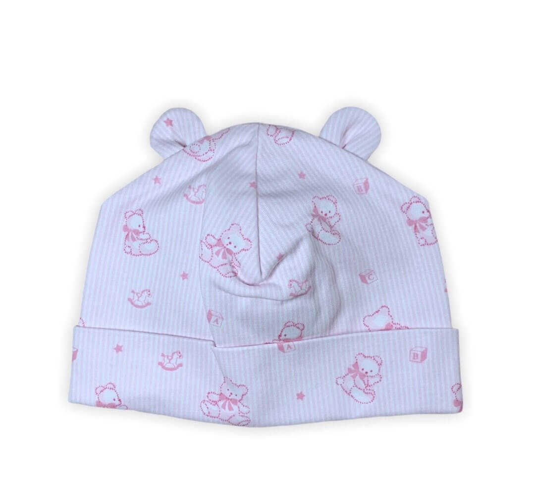 white and pink striped hat with teddy bear, rocking horse and block design