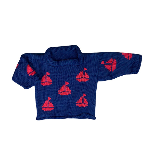 navy sweater with bright red sailboats all over