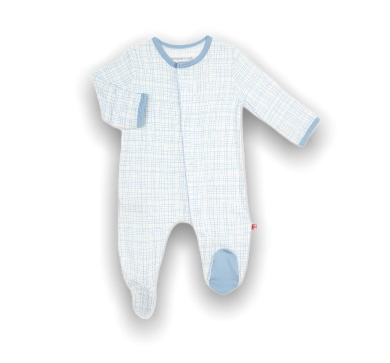 white footie with blue plaid all over, blue on bottom of feet, blue trim on sleeves and neck