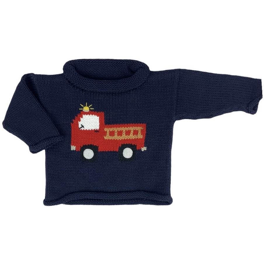 navy roll neck sweater with red firetruck with black wheels knitted on front center