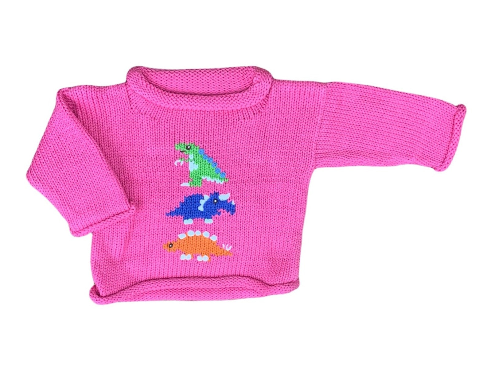 pink sweater with green, blue and orange dinosaur in center