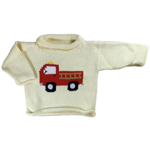 ivory roll neck sweater with red and white firetruck with black wheels knitted on front center