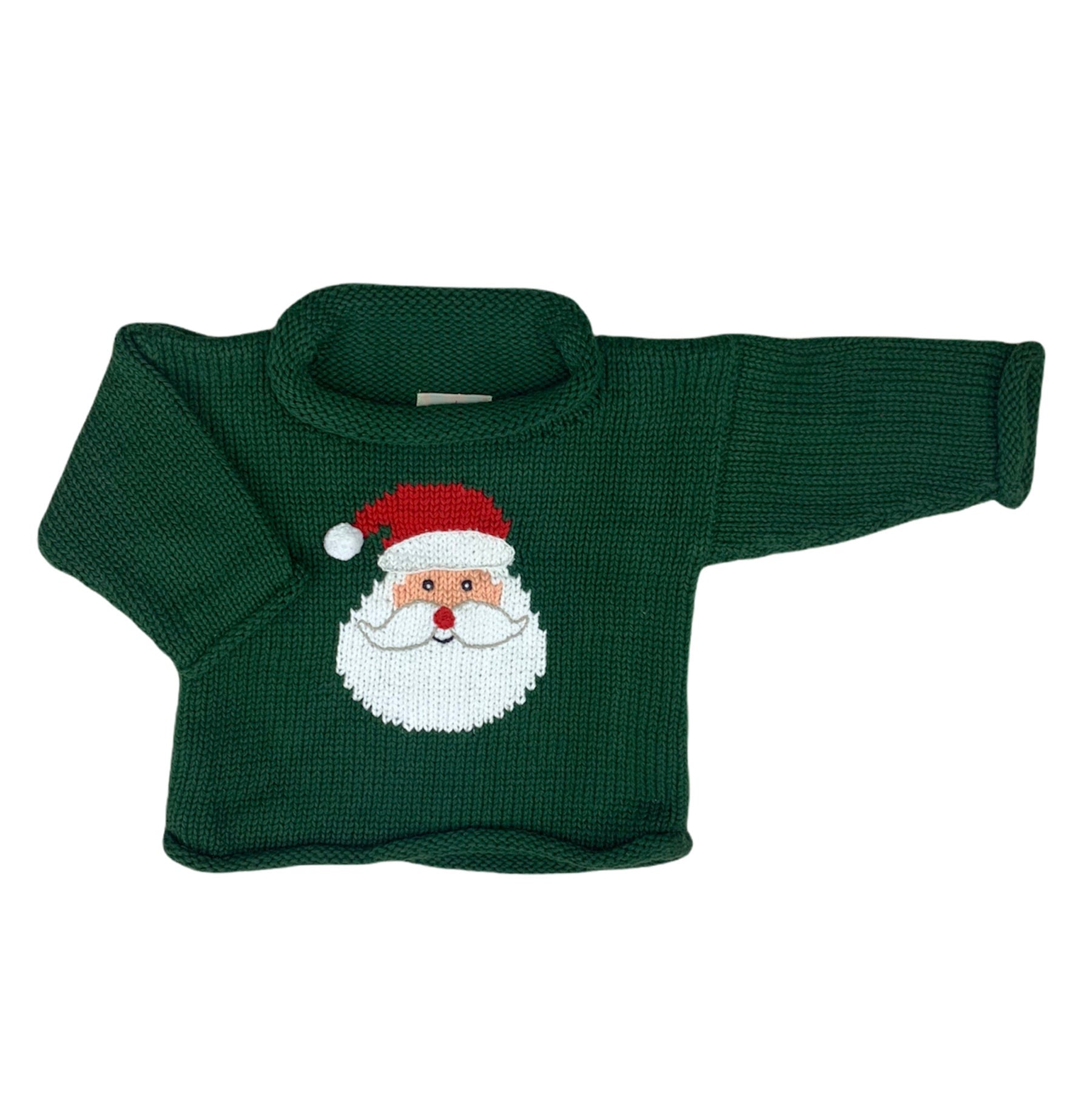 long sleeve green sweater with red and white santa face in center