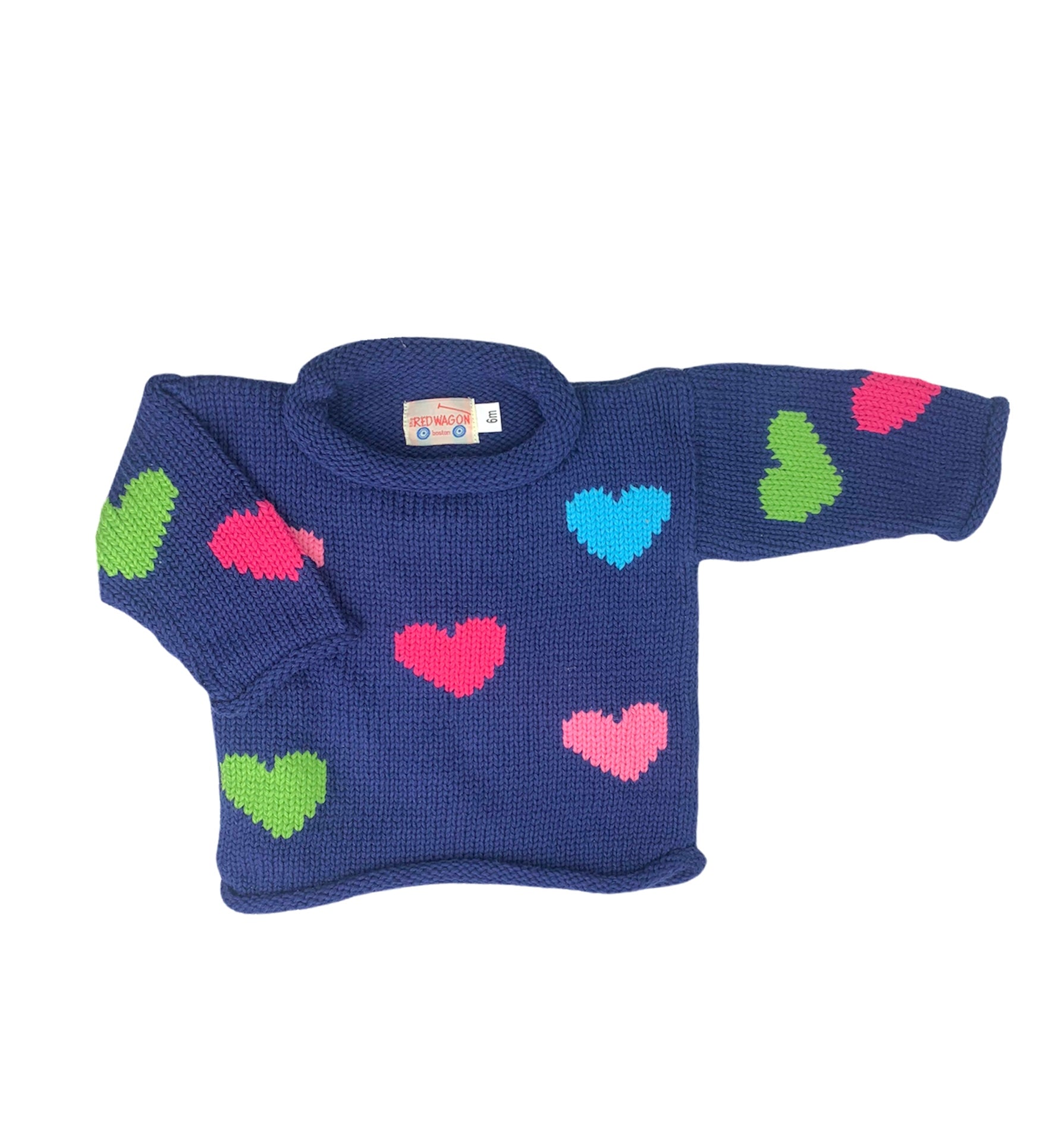 navy long sleeve sweater with green. blue, hot pink and pink hearts all over