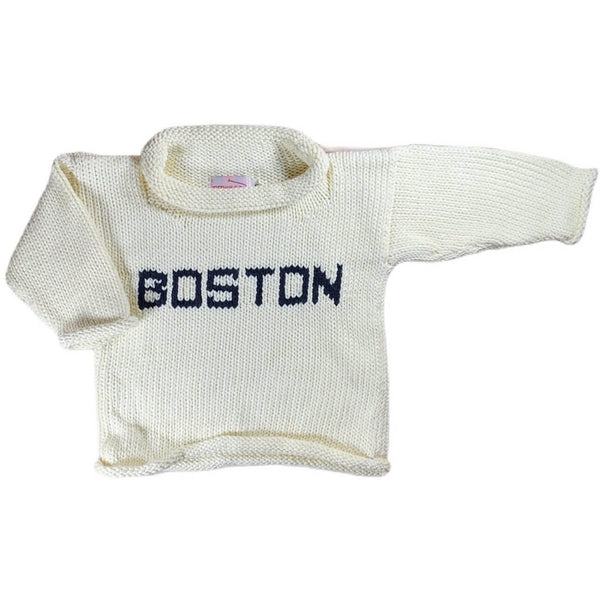 ivory roll neck sweater with "BOSTON" in navy blue knit on front center
