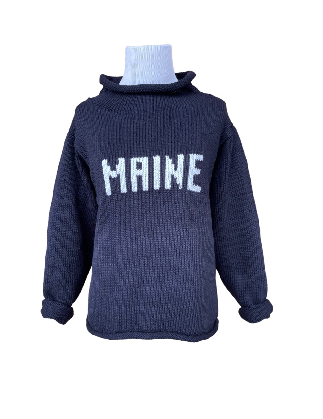 long sleeve navy adult sized sweater with white writing that says &quot;MAINE&quot;