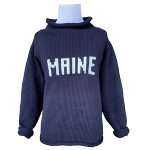 long sleeve navy adult sized sweater with white writing that says "MAINE"