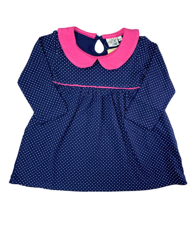 navy long sleeve dress with white polka dots all over, pink peter pan collar and pink on waist